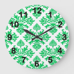 Vintage Se Emerald Grönt White Blommigt Damask Stor Klocka