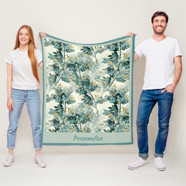 Vintage Sea Grönt Foliage Löv Elegant Mönster Fleecefilt (På plats)