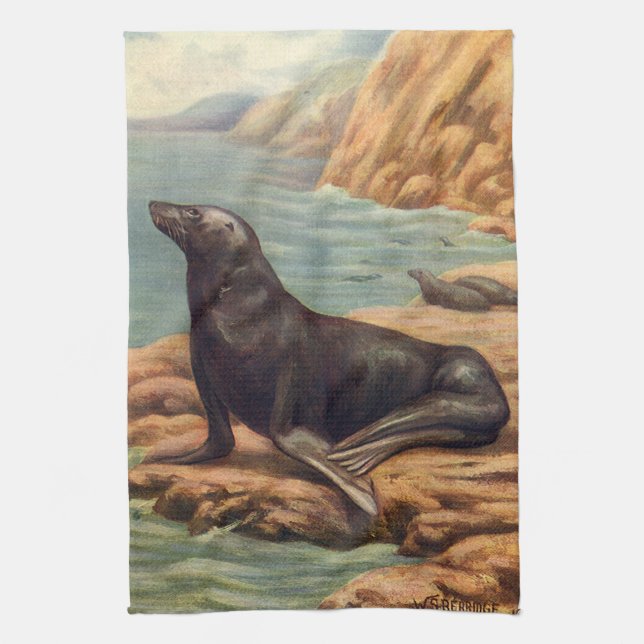 Vintage Sea Lejon av kusten, marina däggdjur Kökshandduk (Vertikal)