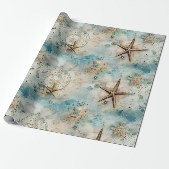 Vintage Sea Treasures Presentpapper (Utrullad)