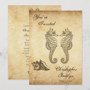 Vintage Seahorse and Conch Snäcka Beach Wedding Inbjudningar