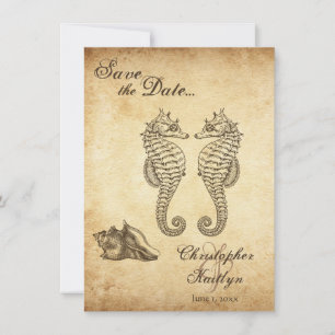 Vintage Seahorse and Conch Snäcka Beach Wedding Spara Datumet