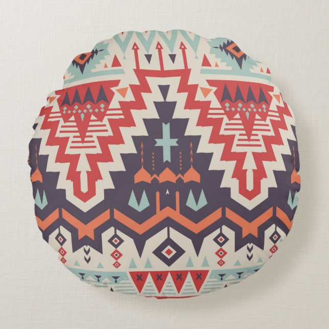 Vintage Seamless Tribal Mönster. Geometrisk etni Rund Kudde (Framsidan)