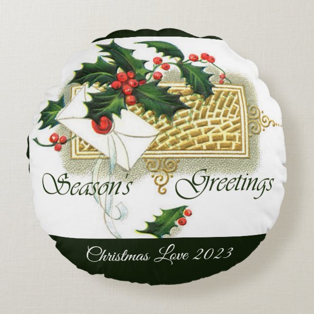 Vintage Seasons Greetings Christmas  Round Pillow Rund Kudde (Framsidan)