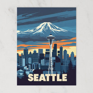 Vintage Seattle Skyline och Mount Rainier Vykort