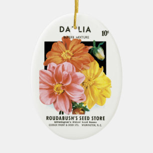 Vintage Seed Packet Art, Dahlia Garden Flowers Julgransprydnad Keramik