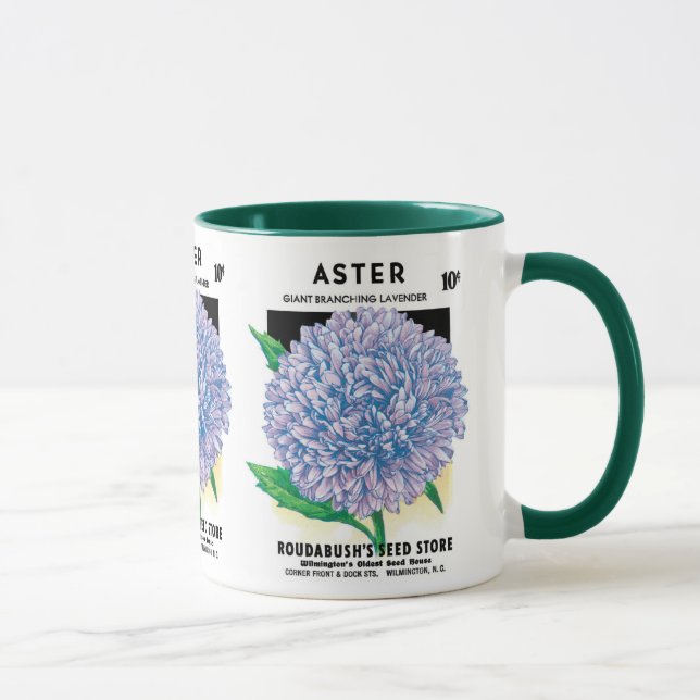 Vintage Seed Packet Art, Lila Aster Flowers Mugg (Höger)