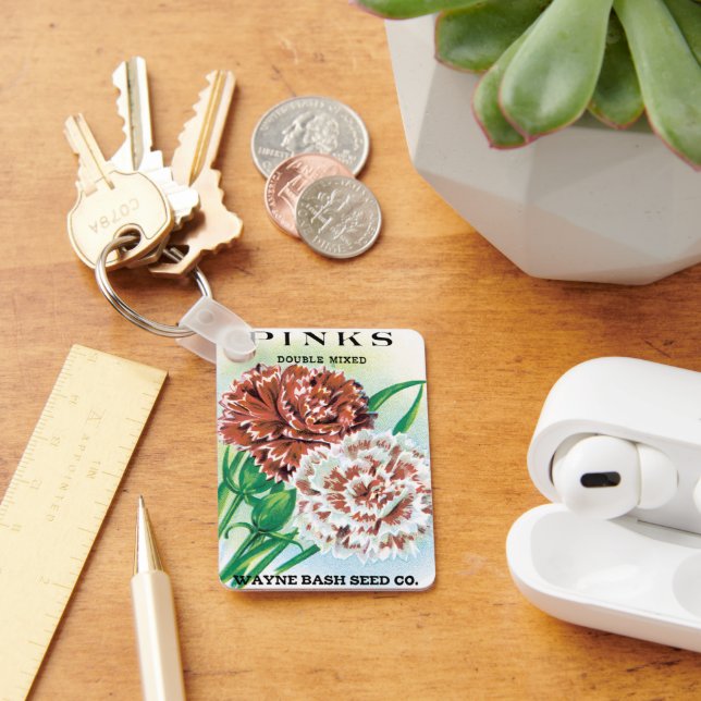 Vintage Seed Packet Art, Pinks Carnation Flowers Nyckelring (Skrivbord)