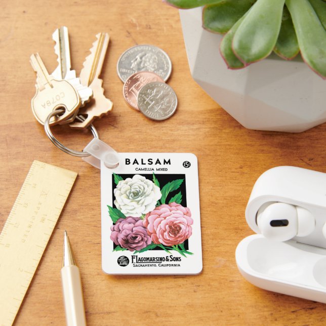 Vintage Seed Packet Label Art, Camellia Flowers Nyckelring (Skrivbord)