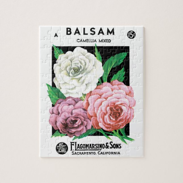 Vintage Seed Packet Label Art, Camellia Flowers Pussel (Vertikal)