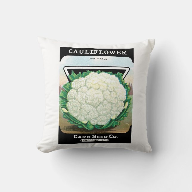 Vintage Seed Packet Label Art, CauliblommVeggies Kudde (Framsida)
