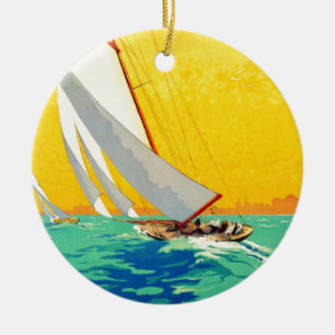 Vintage Segelbåt Fransk Travel Julgransprydnad Keramik