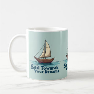 Vintage segelbåt, nautiskt inspirerande citat i bl kaffemugg