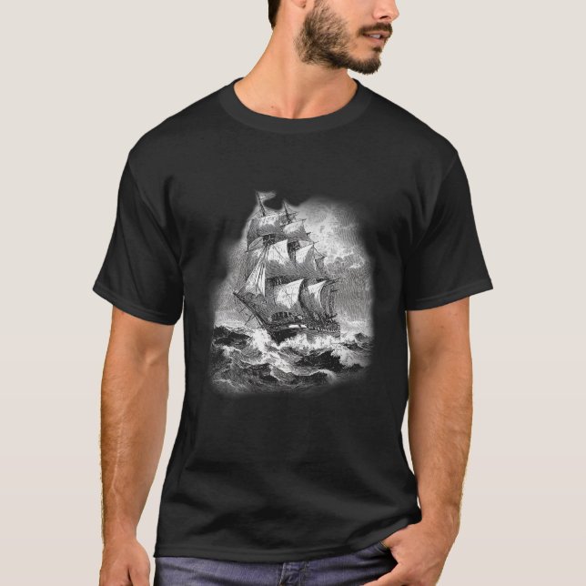 Vintage segelfartyg Vit linje marin affisch. T Shirt (Framsida)