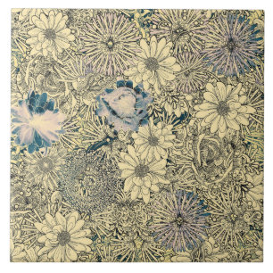 Vintage Sepia Blommigt Kakelplatta