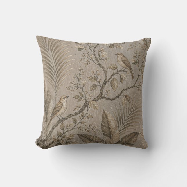 Vintage Sepia Fåglar Botanisk Kuddcover Kudde (Framsida)