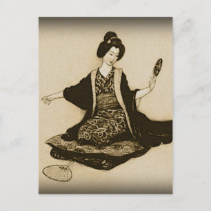 Vintage Sepia japansk geisha tittar med spegel Vykort