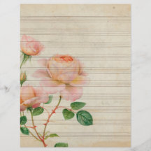 Vintage sepia musiknoter med rosa ros