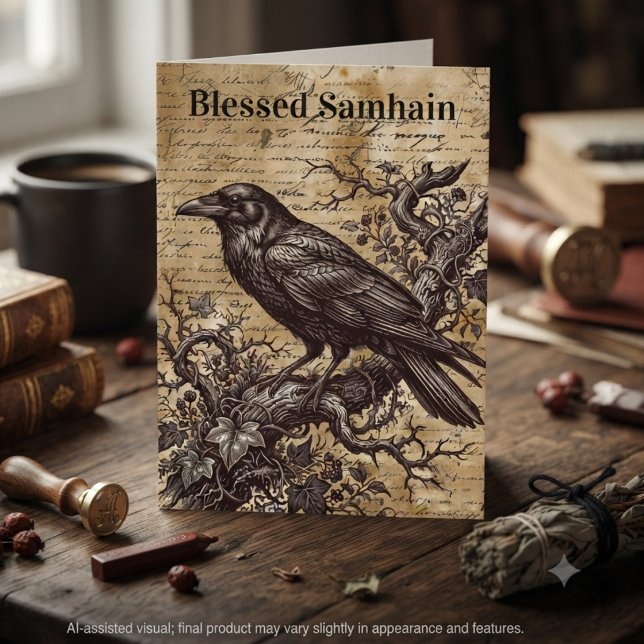 Vintage Sepia Mystisk Korpmanuskript Samhain Kort (Sepia raven manuscript greeting card for dark academia fans celebrating Samhain.)