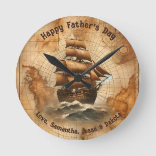 Vintage Sepia Nautical Karta och Sailing Frakt Rund Klocka