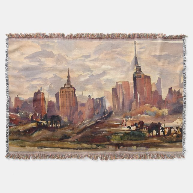 Vintage Sepia NYC Skyline Art Throw Filt (Framsidan)