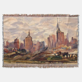 Vintage Sepia NYC Stadssiluett Konst Kast Filt