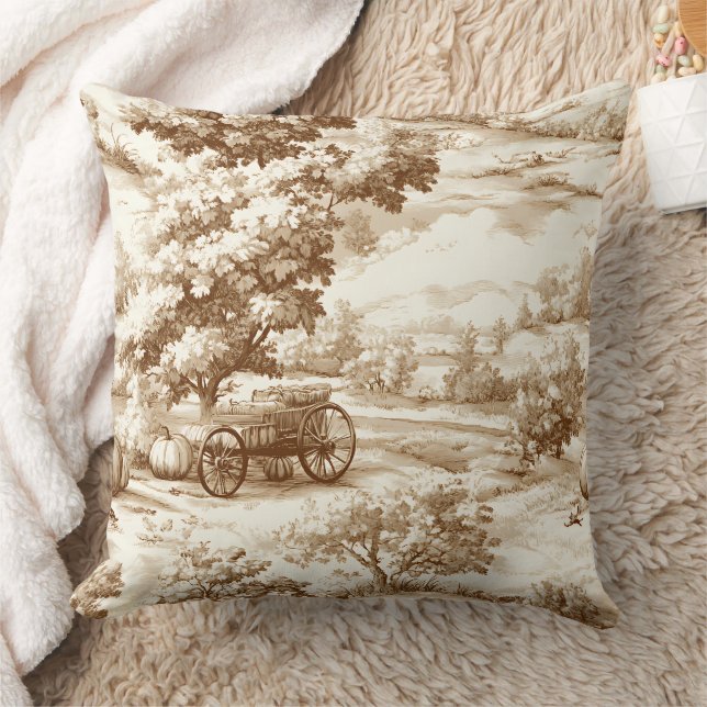 Vintage Sepia Thanksgiving Pumpa Toile Mönster Kudde (Filt)