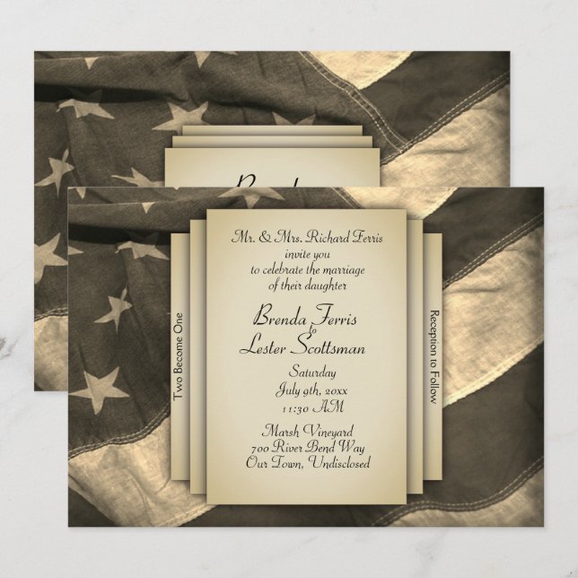 Vintage Sepia USA flagga bröllopsinbjudan Inbjudningar (Fram/baksida)