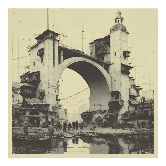 Vintage Sepia Valvbro Flodmarknad Fototryck (Framsidan)