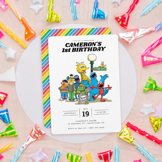 Vintage Sesame Street Characters 1st Birthday Inbjudningar (Card on table)
