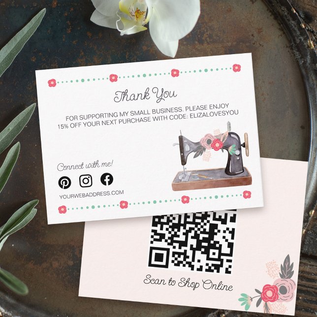 Vintage Sewing Maskin Boho Blommigt Tack Tilläggskort (Thank you enclosure card with marketing message, social media and qr code)