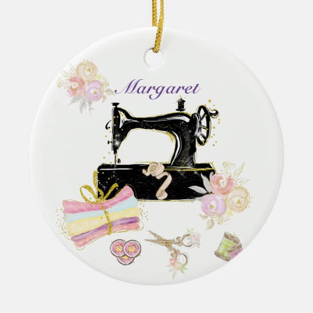 Vintage Sewing Maskin Julgransprydnad Keramik (Framsidan)