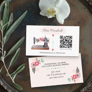 Vintage Sewing Maskin och QR Code Boho Blommigt Visitkort