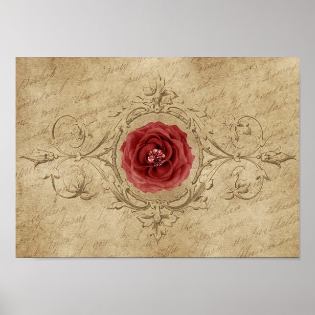 Vintage Shabby chic Antique Single Röd ros Poster (Framsidan)