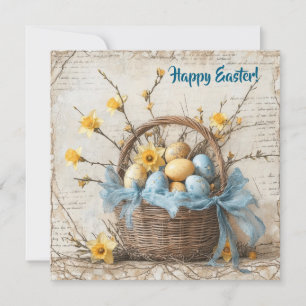 Vintage shabby chic blå Påskägg i basket Julkort