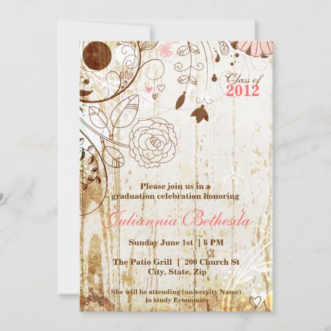 Vintage Shabby Chic Blommig Examen Inbjudan (Framsida)