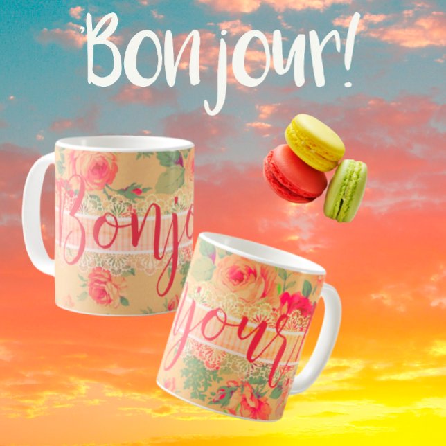 Vintage Shabby chic Blommigt Ro Bonjour! Kaffemugg (Skapare uppladdad)