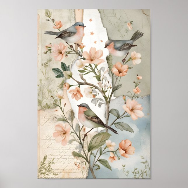 Vintage Shabby chic Decoupage Bird Botanical Art Poster (Framsidan)