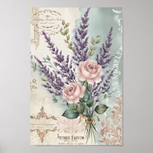 Vintage Shabby Chic-decoupage franska rosor konst Poster