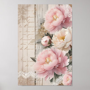 Vintage Shabby chic Decoupage Peonies Wall Art Poster