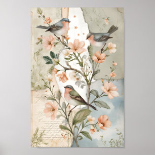 Vintage Shabby Chic Dekoupage Fågel Botanisk Konst Poster