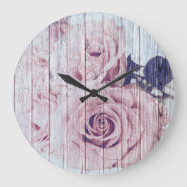 Vintage Shabby chic Dusky Rosa ros på trä Stor Klocka