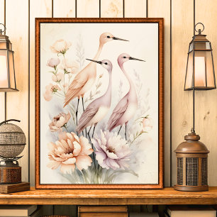 Vintage Shabby chic Fåglar i bloommugglare Poster