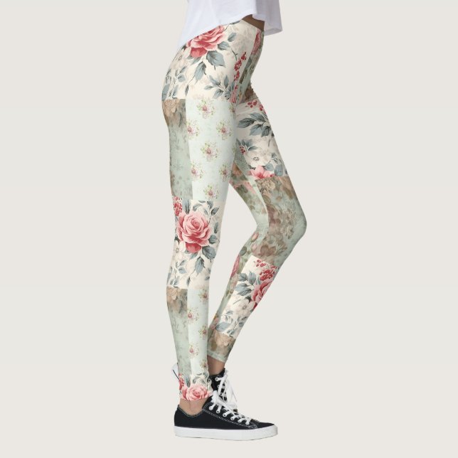 Vintage Shabby chic Pastel Grönt Blommigts Patchwo Leggings (Höger)