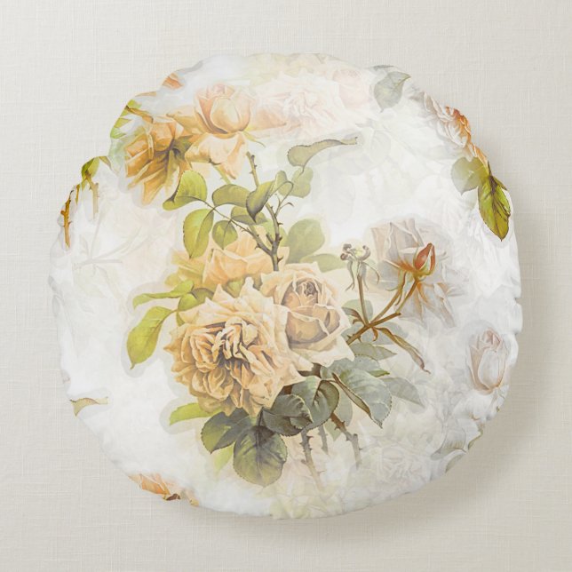 Vintage Shabby chic Peach-Blommigt Illustration Rund Kudde (Framsidan)