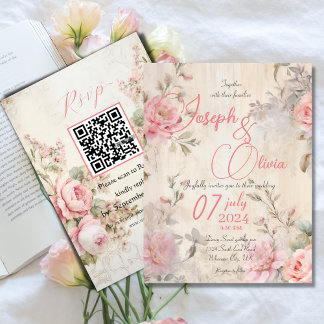 vintage shabby chic pink with rsvp qr wedding inbjudningar