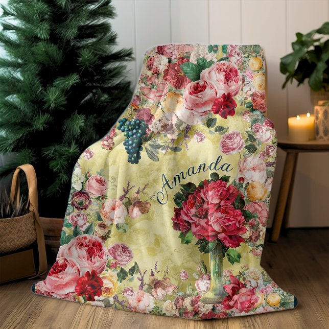 Vintage shabby chic ro och vas gult fleecefilt (Skapare uppladdad)