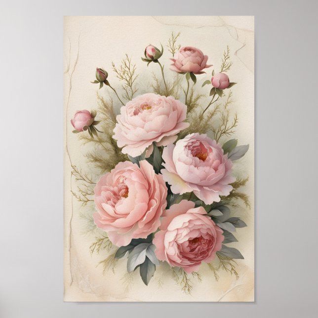 Vintage Shabby chic Ro & Peonies Wall Art Poster (Framsidan)