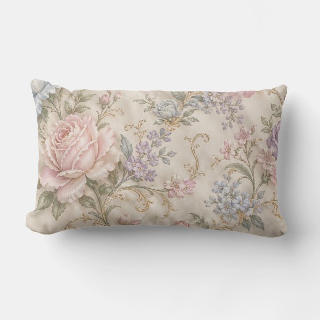 Vintage Shabby Chic Rosa Pion Ros Blommig Lumbarkudde (Framsida)