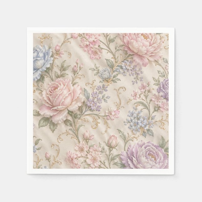 Vintage Shabby Chic Rosa Pion Ros Blommig Pappersservett (Framsidan)